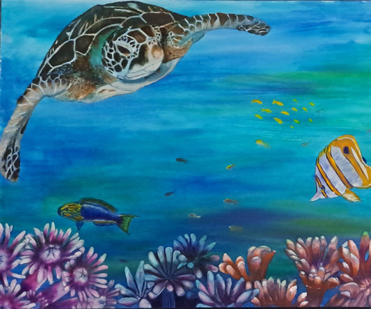 Goniopora coral and sea turtle