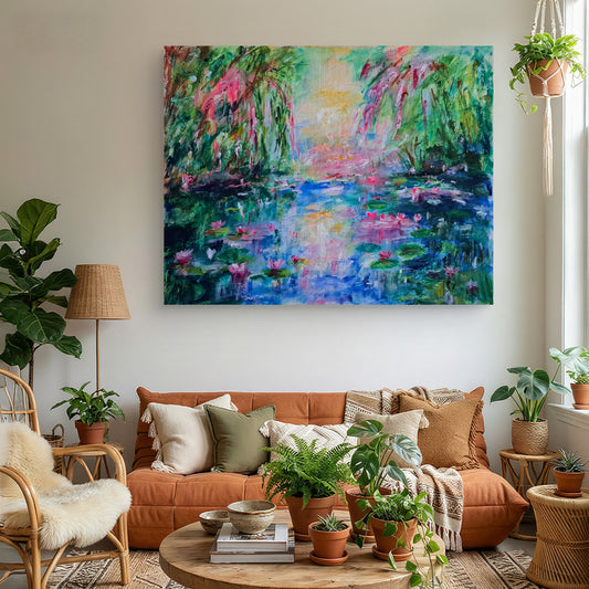 Sunlit Pink Lilies Beneath the Willows