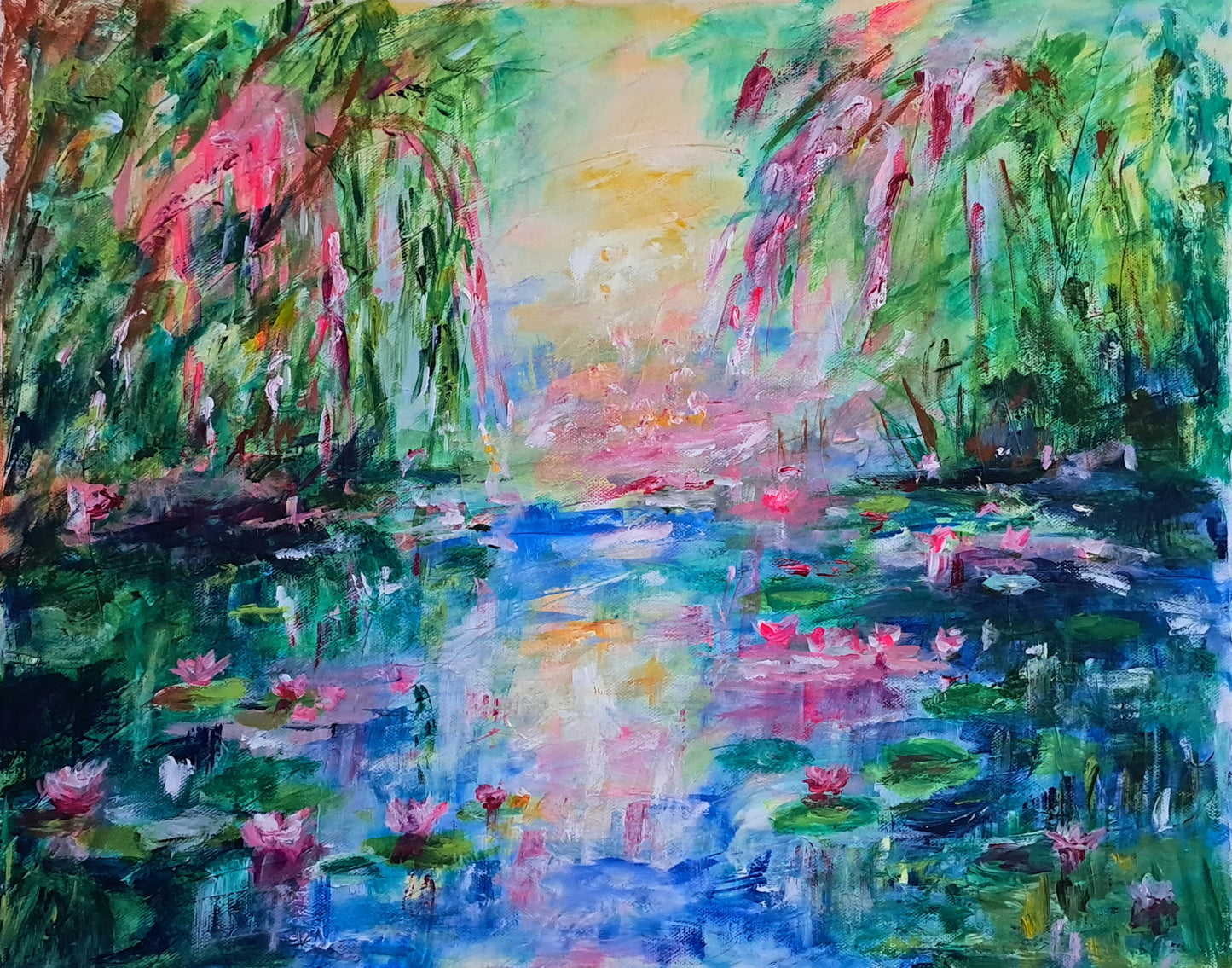 Sunlit Pink Lilies Beneath the Willows