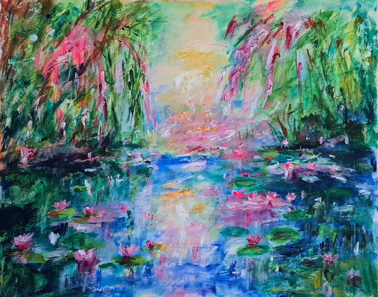 Sunlit Pink Lilies Beneath the Willows